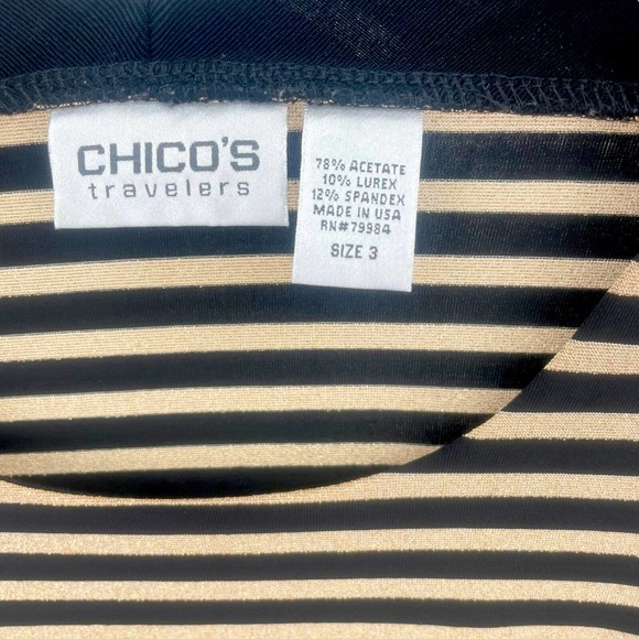 Chico’s Black Gold Shimmer Striped Scoop Front V Back Top Size 3, US 16/X-Large - Picture 6 of 8